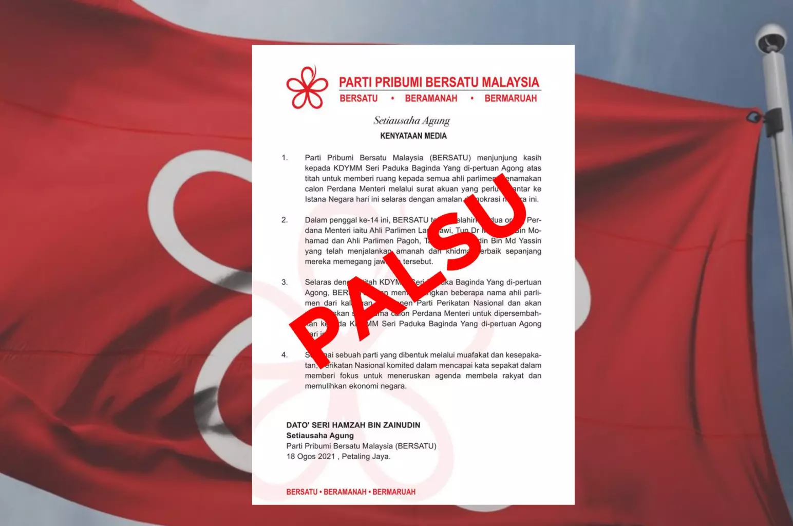 BERSATU nafi keluar kenyataan calonkan ahli PN perdana menteri baharu