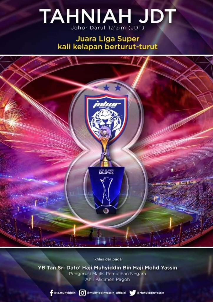 Tahniah JDT juara Liga Super kali kelapan berturut-turut – Muhyiddin