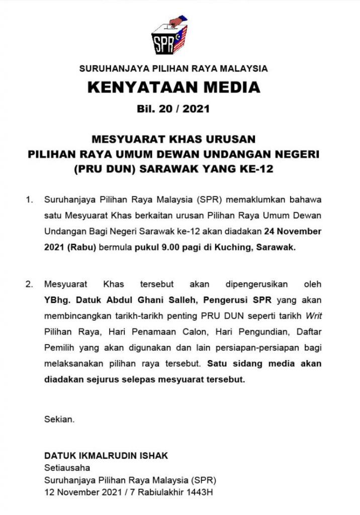 PRN Sarawak: mesyuarat khas SPR pada 24 November
