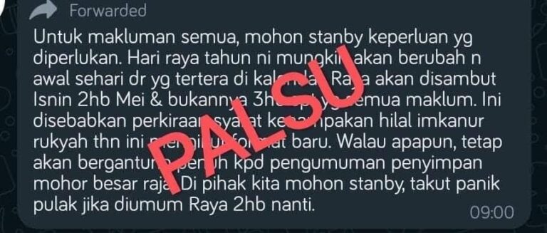 Pemakluman awal dakwa Aidilfitri jatuh pada 2 Mei tidak benar