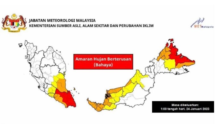 Amaran hujan lebat tahap bahaya di 6 negeri